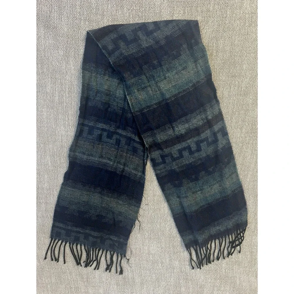 Made in Italy 100% Acrylic Woven Blue/Gray Striped Fringe Scarf 58 in